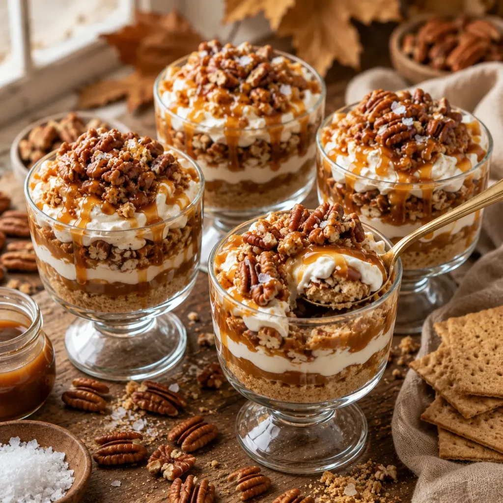 No-bake pecan pie dessert cups layered with graham cracker crumbs, whipped cream, caramel sauce, toasted pecans, and flaky sea salt in clear glass cups.