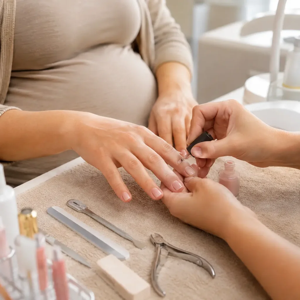Pregnant woman getting her nails done at a clean nail salon