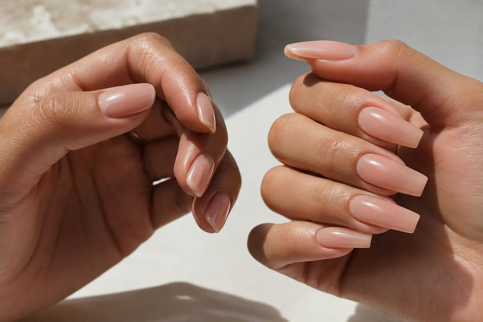 acrylic vs gel nails side by side showing differences in length, shape, and finish
