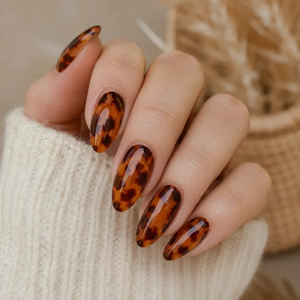 Amber tortoiseshell nails, a warm fall transition design