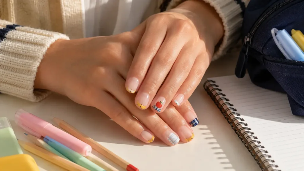 Short back-to-school nail with pencil tips, apple art, notebook lines, and navy plaid details