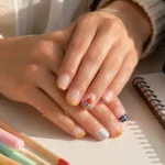 Short back-to-school nail with pencil tips, apple art, notebook lines, and navy plaid details
