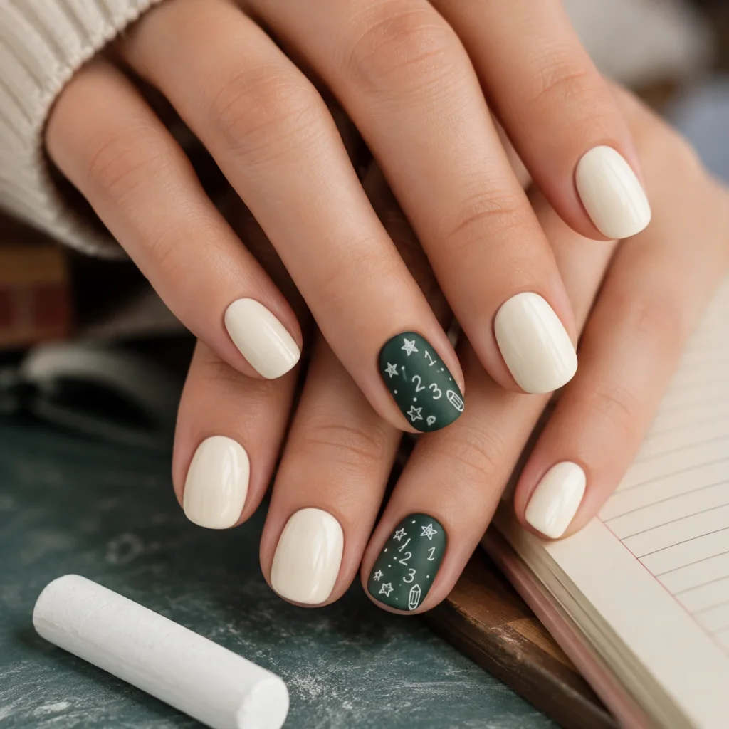 Back-to-school nail with a matte chalkboard accent nail and white doodle art