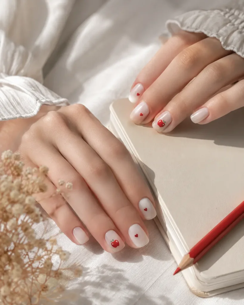 Milky white back-to-school nail with tiny red heart and apple details