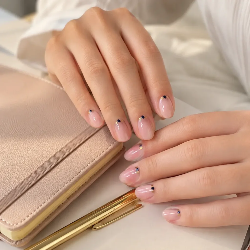 Minimal back-to-school nail with tiny gold and navy star accents