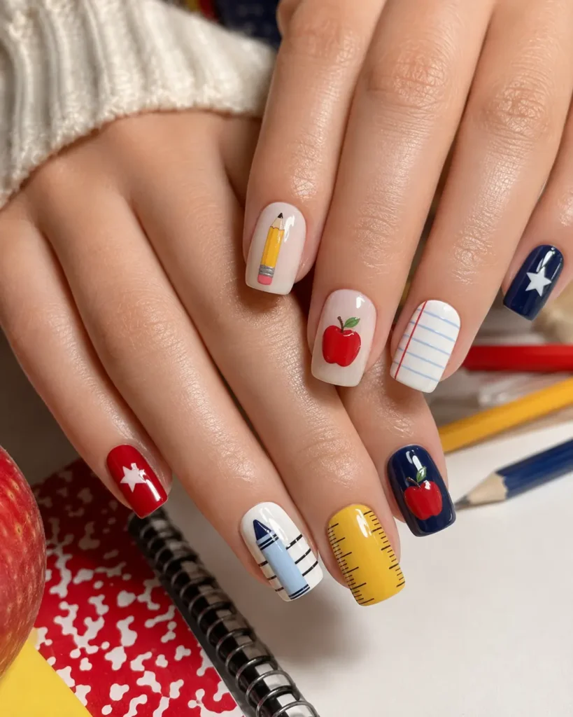 Mix-and-match back-to-school nail with pencil, ruler, apple, and star art