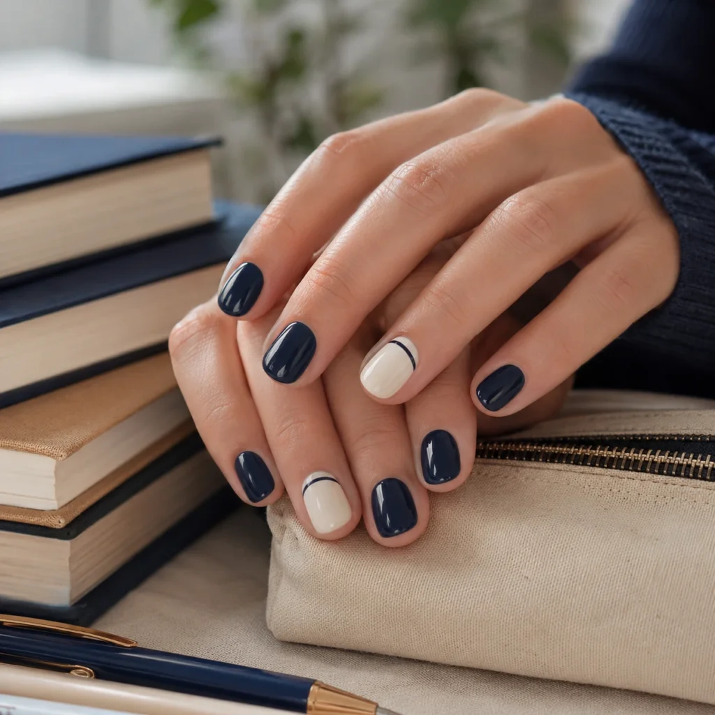 Navy and cream back-to-school nail with a minimal academic color palette
