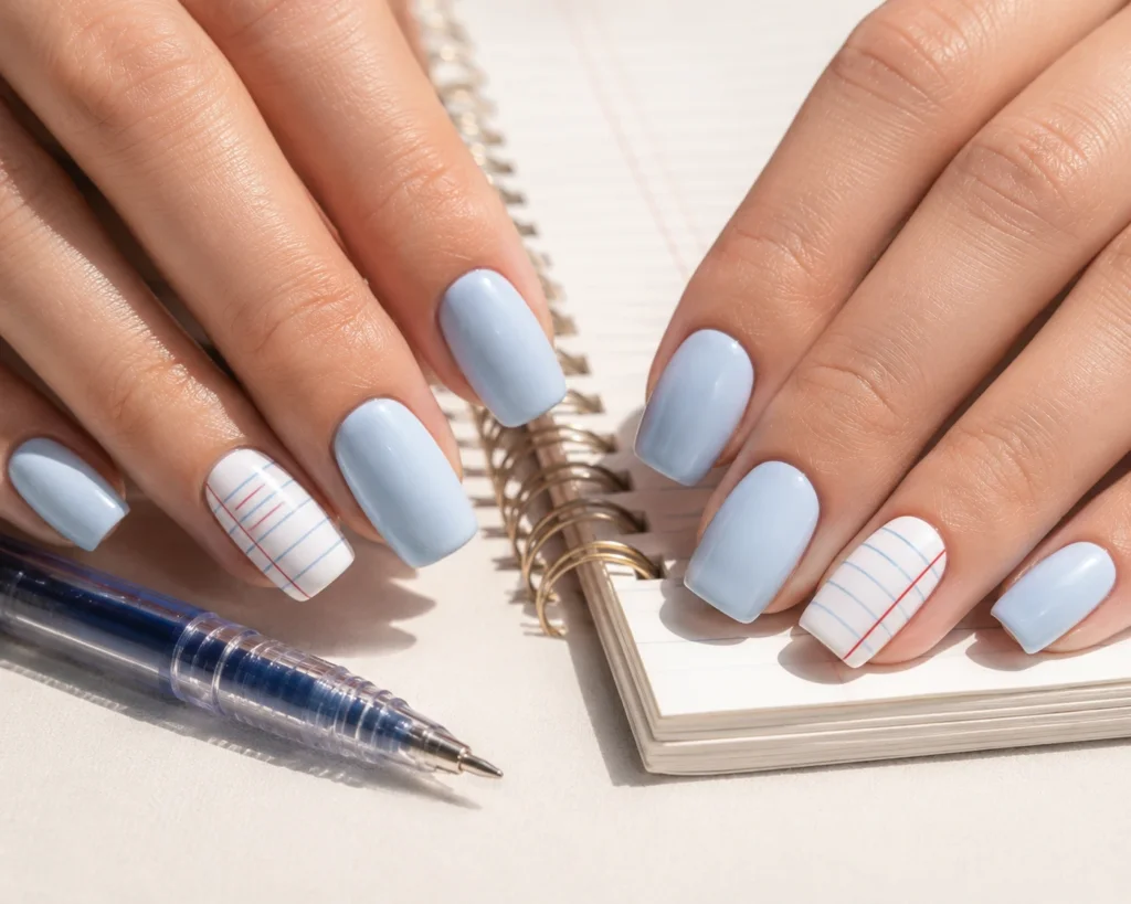 Back-to-school nail styled with blue notebook lines and a red margin stripe
