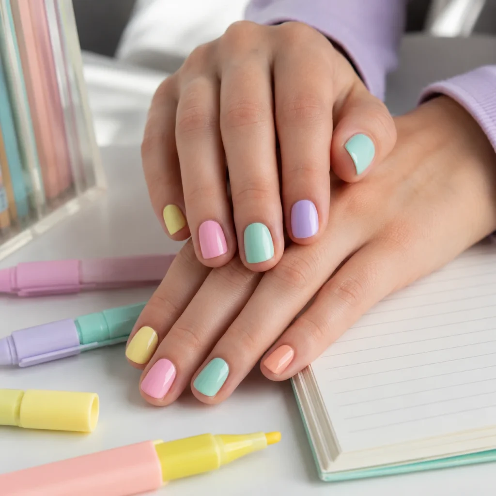 Pastel back-to-school nail in yellow, pink, mint, and lavender highlighter shades