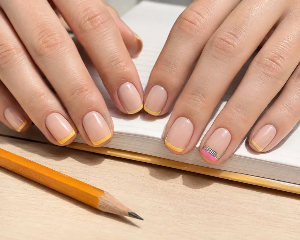 Back-to-school nail with yellow pencil-inspired French tips and silver eraser band