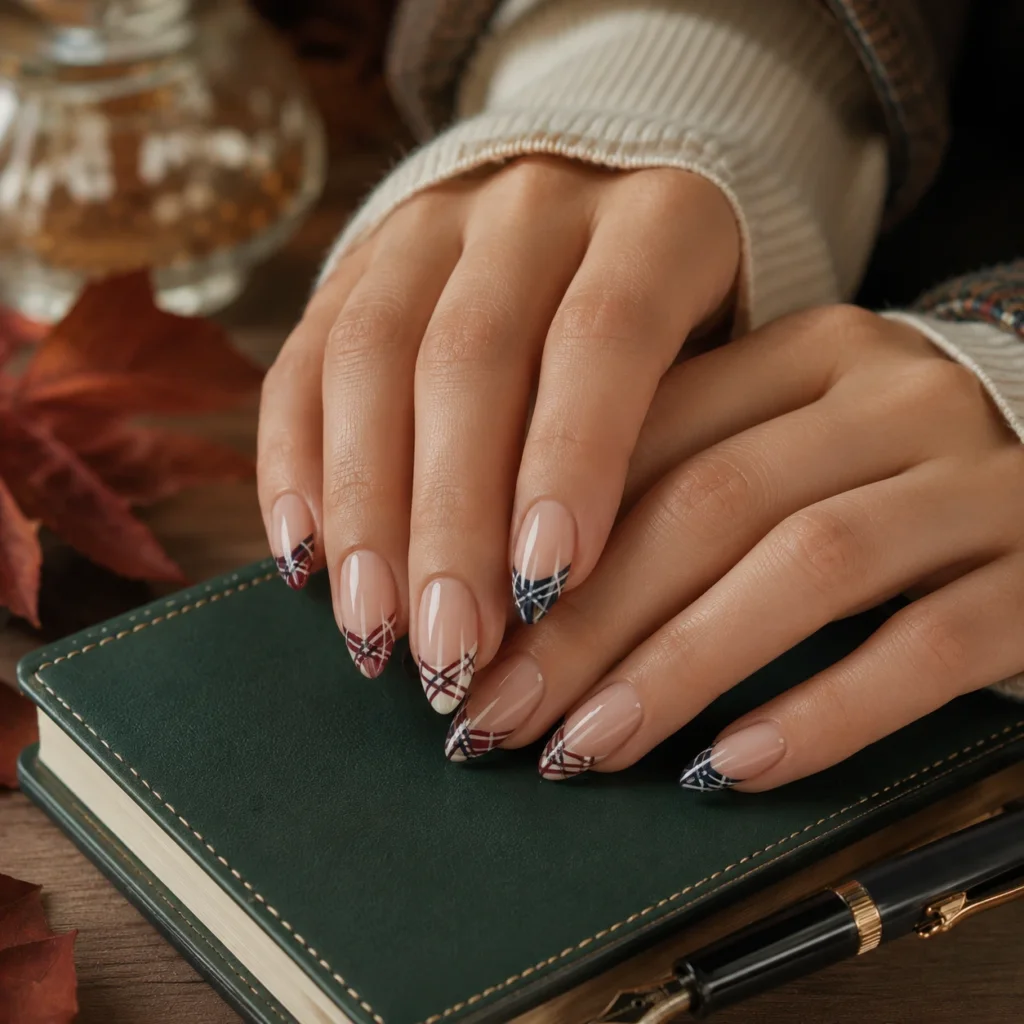 Preppy back-to-school nail with navy and burgundy plaid French tips