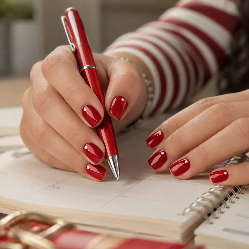 Glossy red back-to-school nail with tiny white polka dots near the cuticle