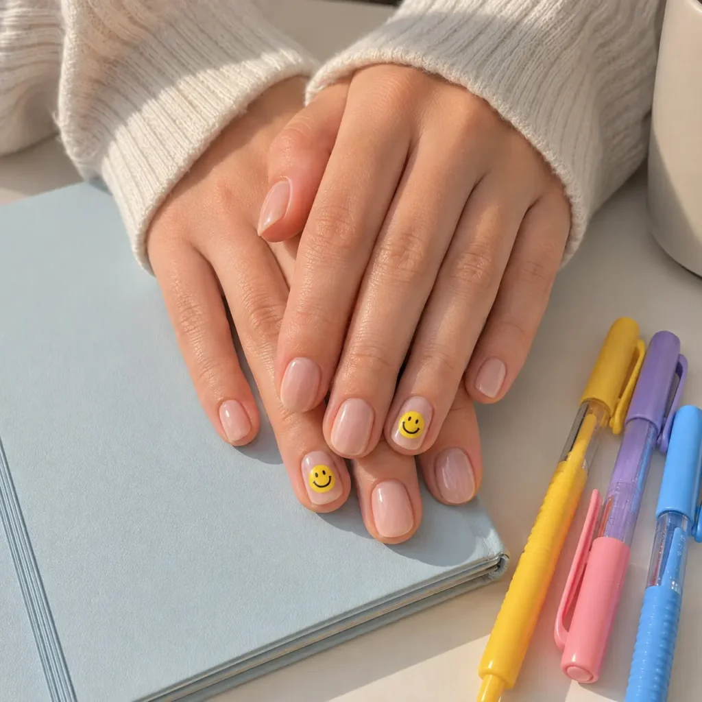 Cheerful back-to-school nail with yellow smiley face sticker accents