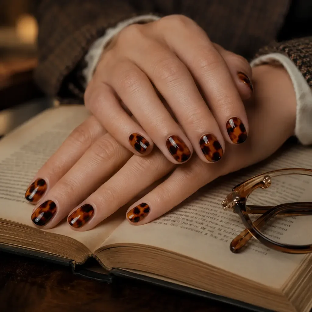 Library-inspired back-to-school nail with amber and caramel tortoiseshell pattern
