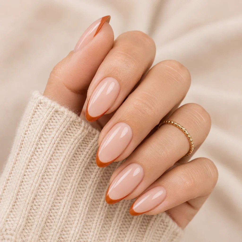 Burnt orange French tip nails for summer to fall style
