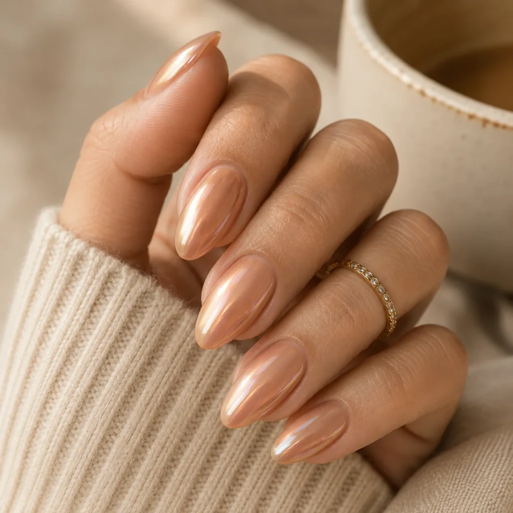 Caramel glazed chrome nails for early fall