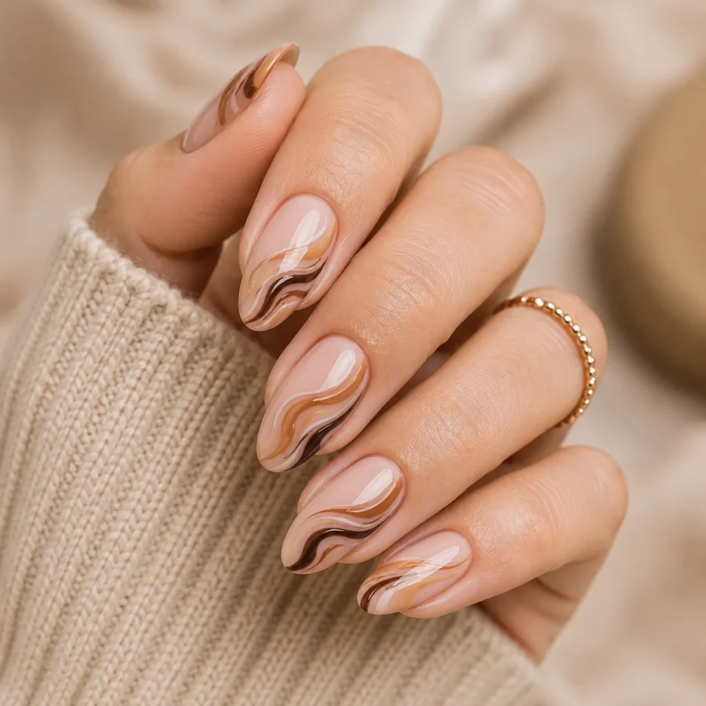 Chocolate swirl nail art over a nude base for fall