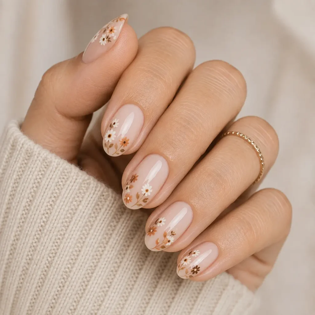 Cream and brown floral nail art for autumn