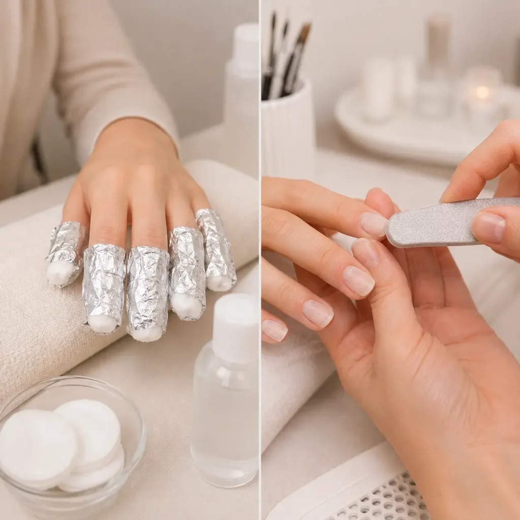 Gel and acrylic nail preparation and removal comparison