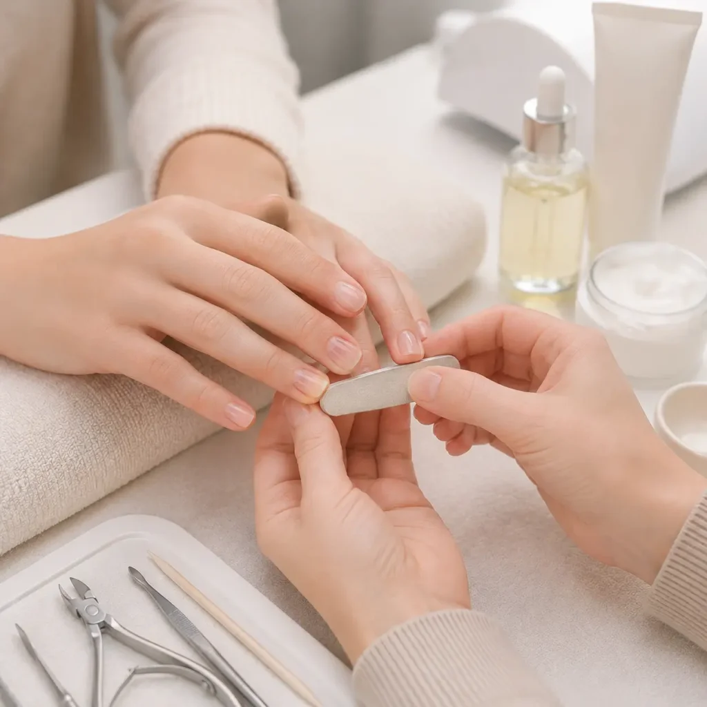 Gentle gel manicure care for weak nails with minimal buffing