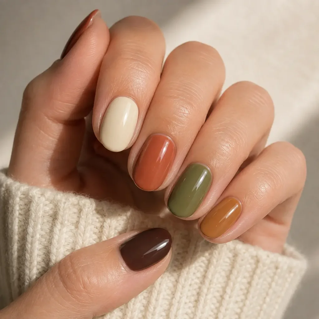 Mixed earth-tone nails in terracotta, olive, and caramel