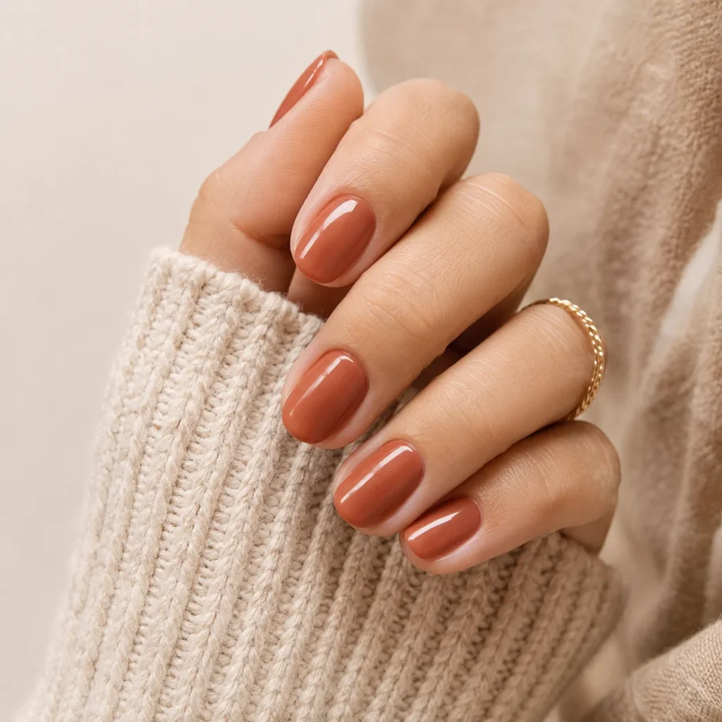 Muted terracotta nails, a chic summer to fall transition color