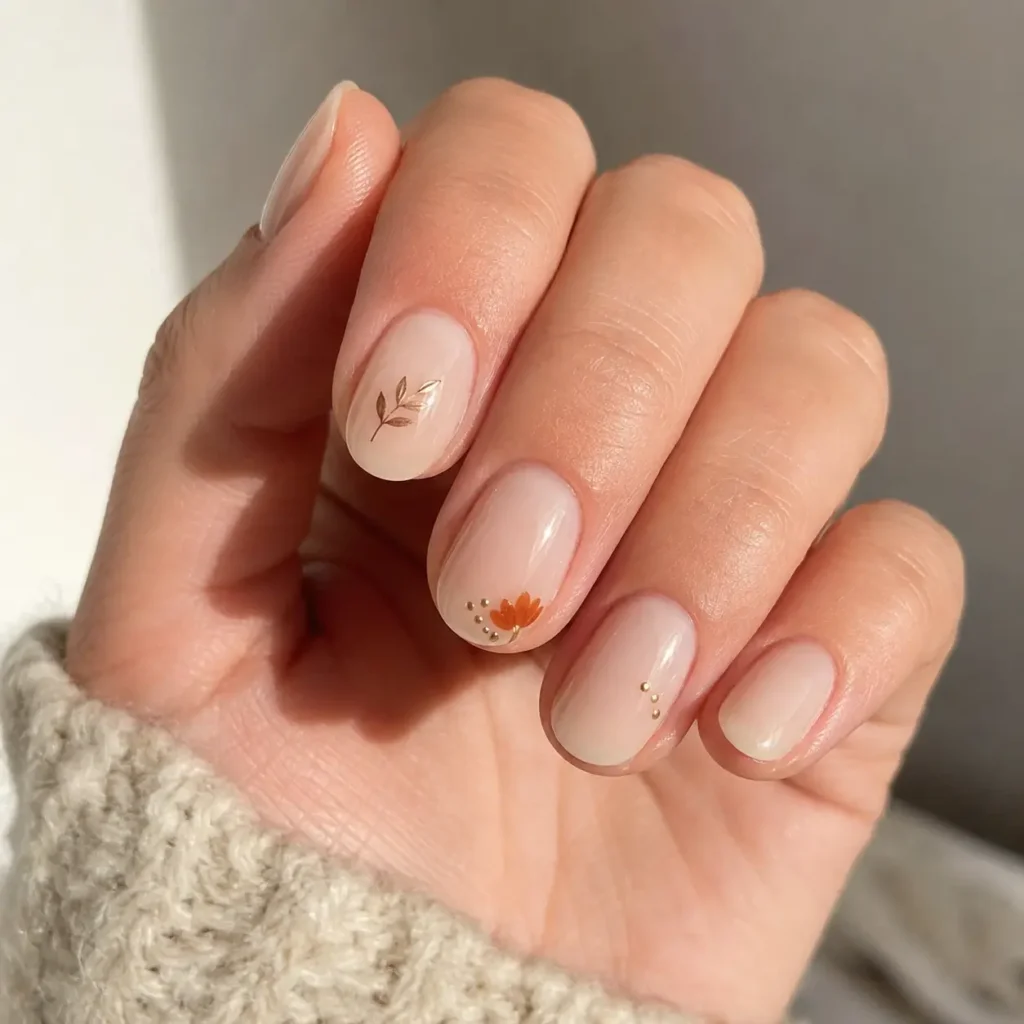 Neutral nails with tiny fall details like gold dots and leaves