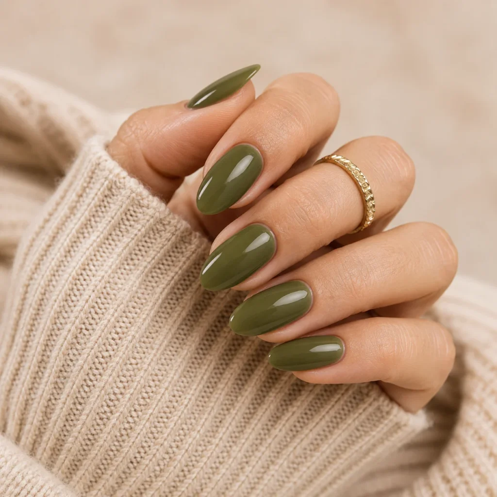 Olive green nails for an earthy fall nail transition look