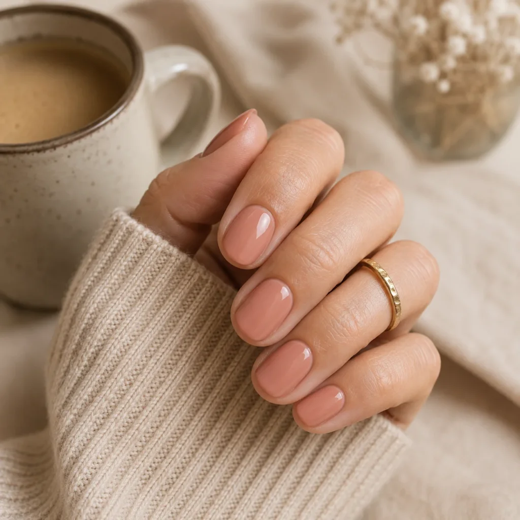 Peachy nude nails, a soft summer-to-fall manicure idea
