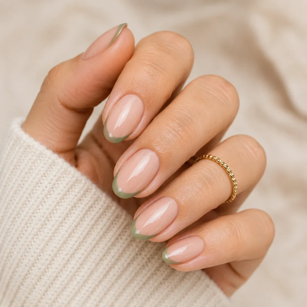 Sage green French tips for a gentle fall nail transition
