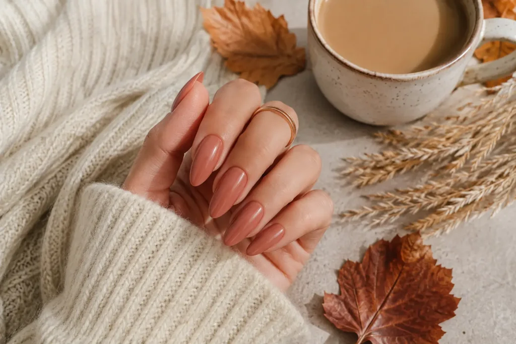 Summer to fall nails featuring a terracotta manicure with autumn styling