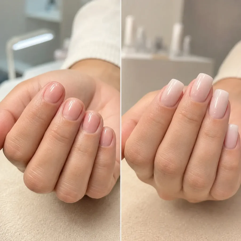 Short natural nails showing peeling, splitting, and brittle edges