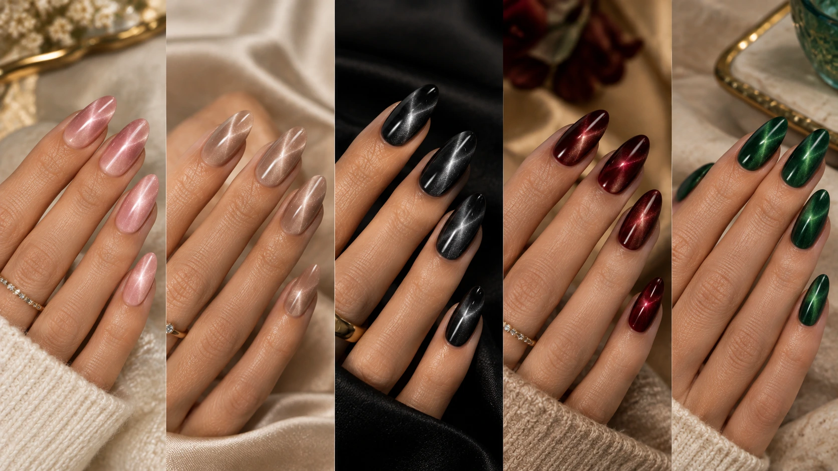 25 cat eye nail ideas featuring pink, nude, black, burgundy and emerald magnetic nails