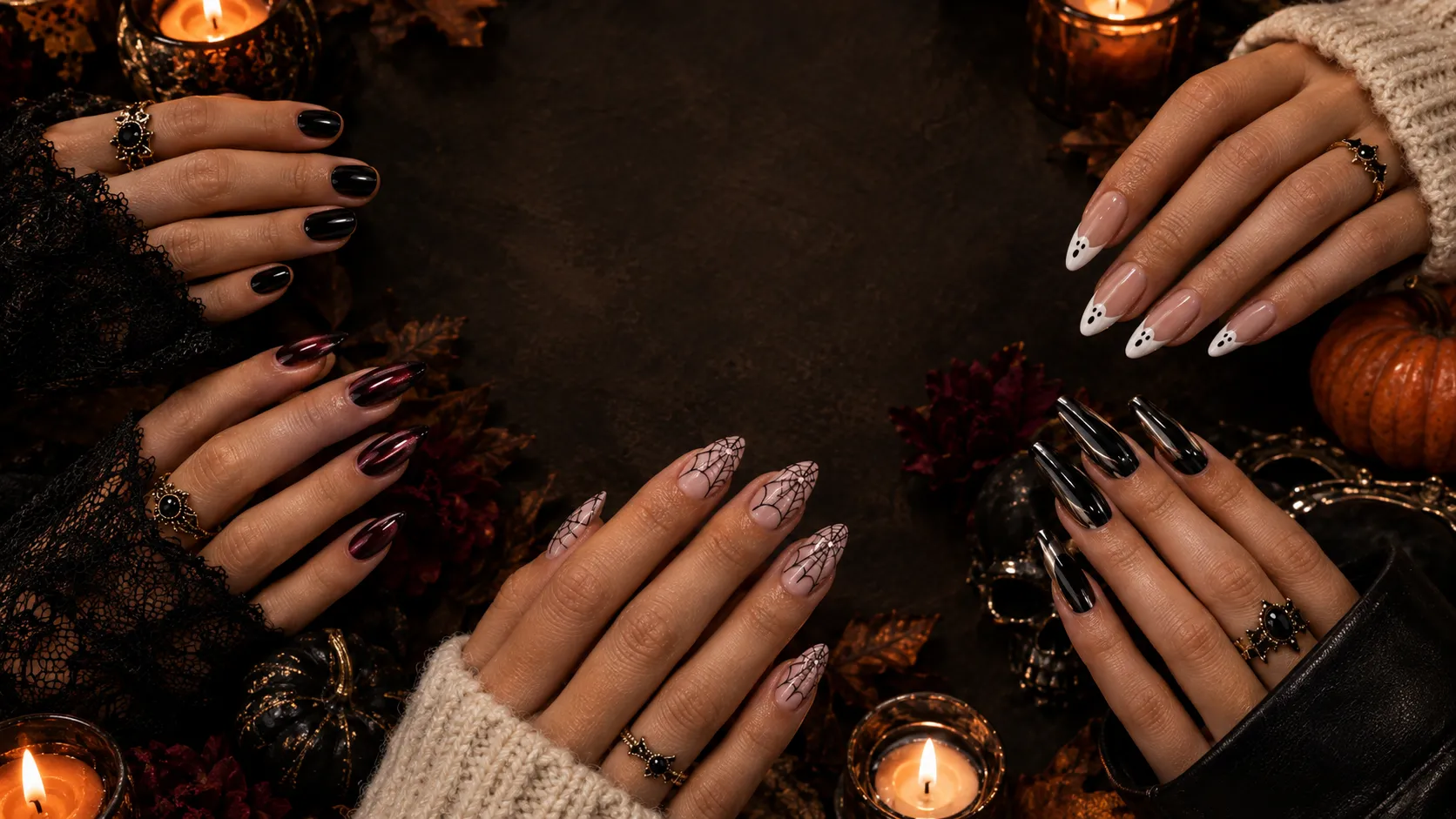 Collage of five spooky chic Halloween nail designs