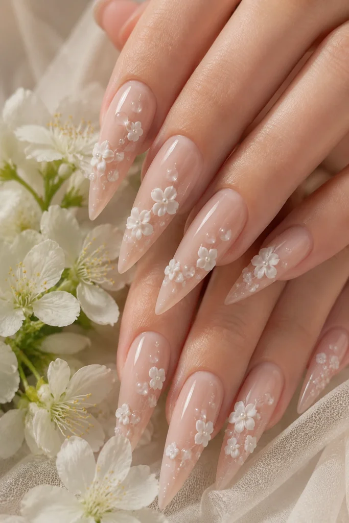 3D floral stiletto nail idea with sculpted white flowers