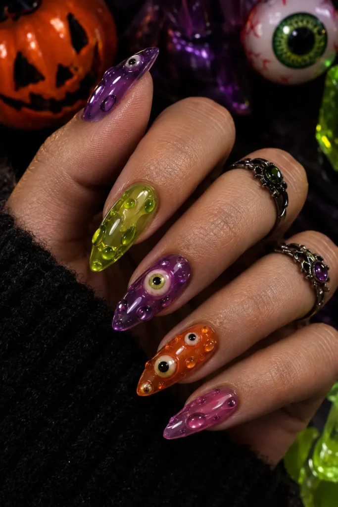 Jelly almond nails with colorful 3D gummy monster details