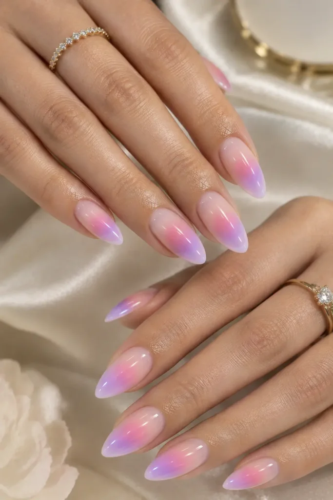 Almond-shaped aura manicure with a soft pink and lavender glow