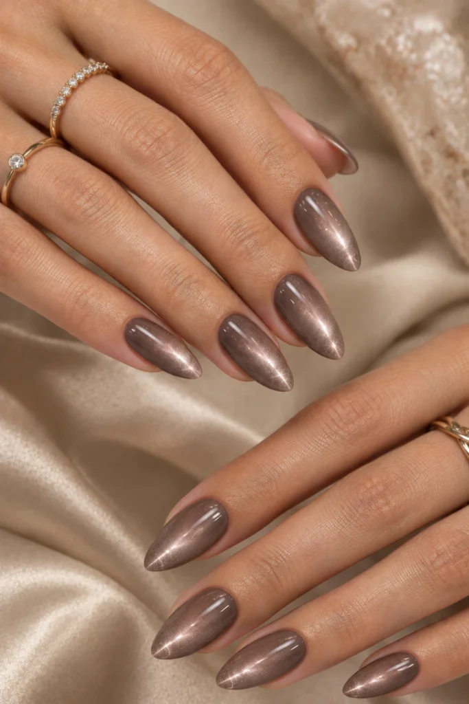Almond cat eye nails with diagonal taupe velvet shimmer