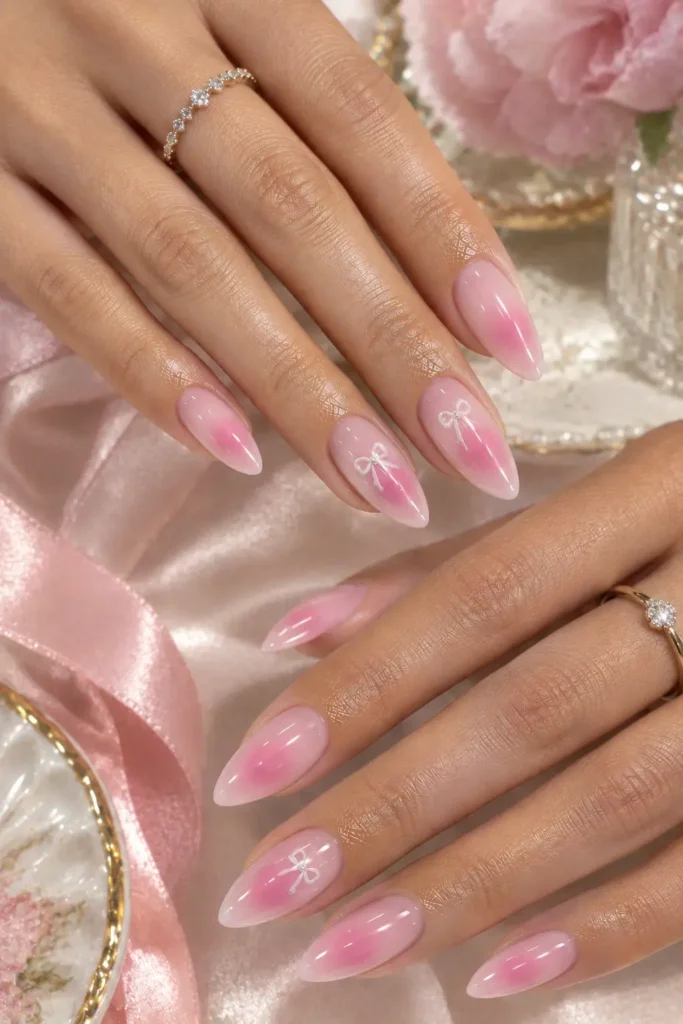 Pink gradient manicure decorated with delicate white bows