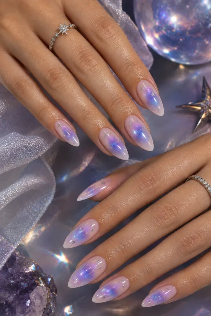 Blue and purple gradient nails decorated with small chrome stars