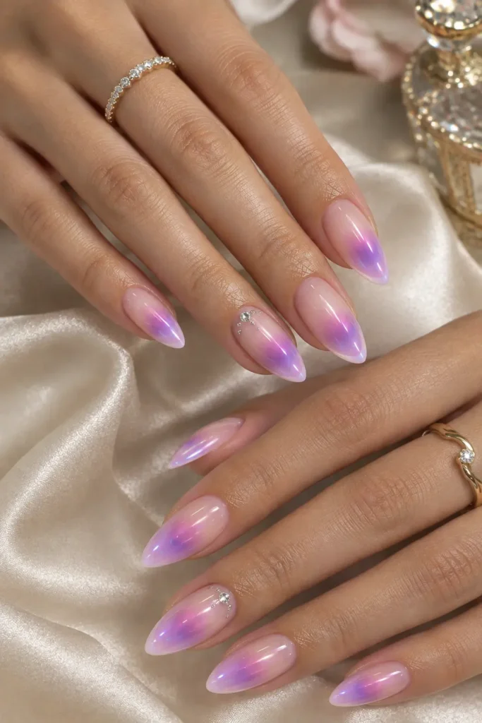 Pink gradient manicure with delicate rhinestone accents