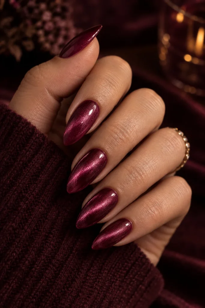 Pink fall nails with berry pink magnetic cat-eye shimmer