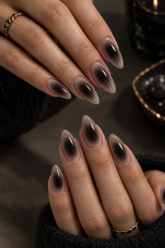 Black gradient manicure with a smoky dark center