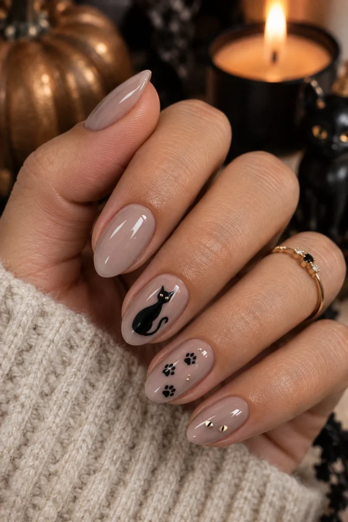 Short almond nails with a black cat silhouette and paw prints