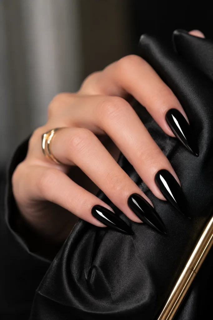 Long black stiletto nails with sharp points and a mirror-like glossy finish