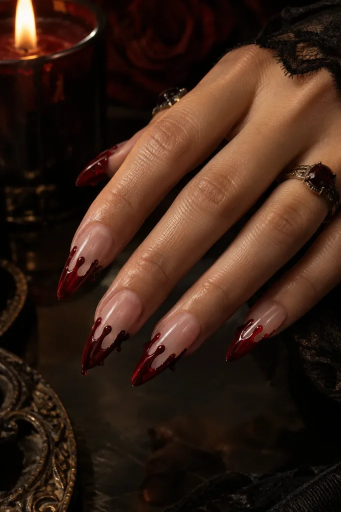 Long almond nails with deep red blood-drip tips