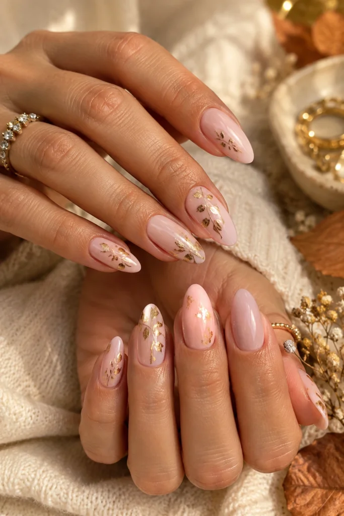 Pink nails with delicate gold leaf accents on blush pink nails