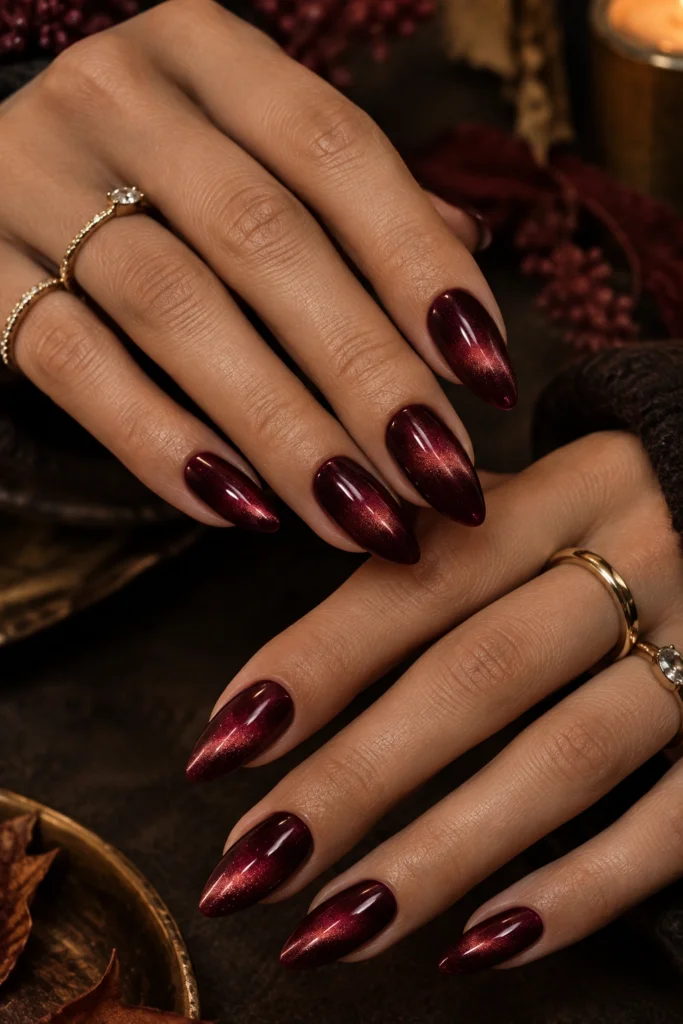 Burgundy cat eye nails with glowing ruby shimmer