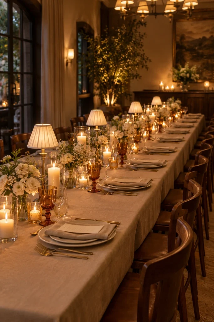 Supper club reception table with amber glassware, small lamps, and warm candle-style lighting.