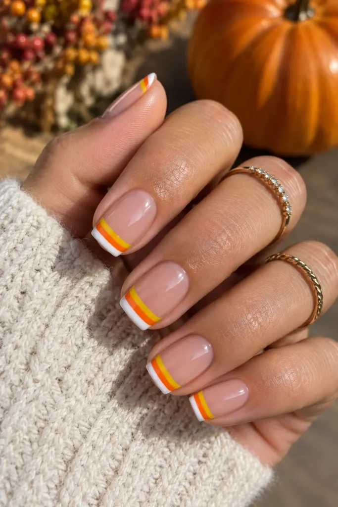 Short square nails with yellow orange and white candy-corn tips